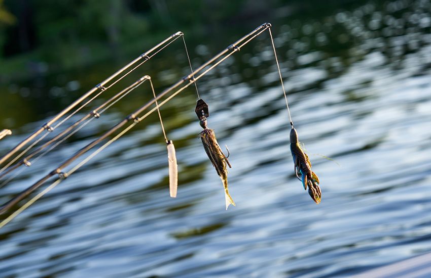 lures hung on fishing rods