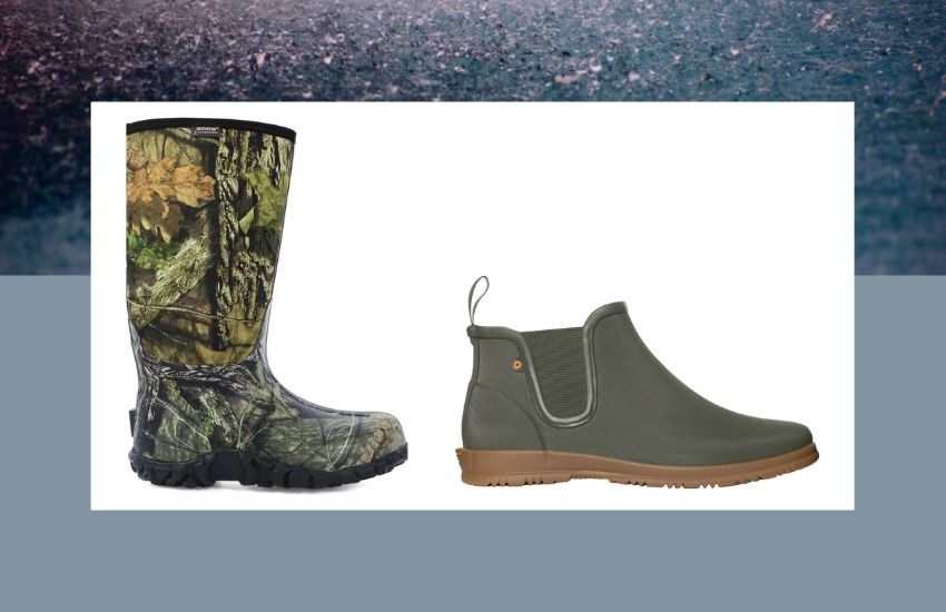 Two models of high and low rain boots from Bogs