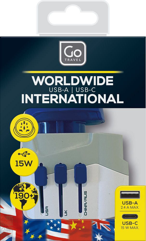 Worldwide Adaptor with USB-A and USB-C Ports