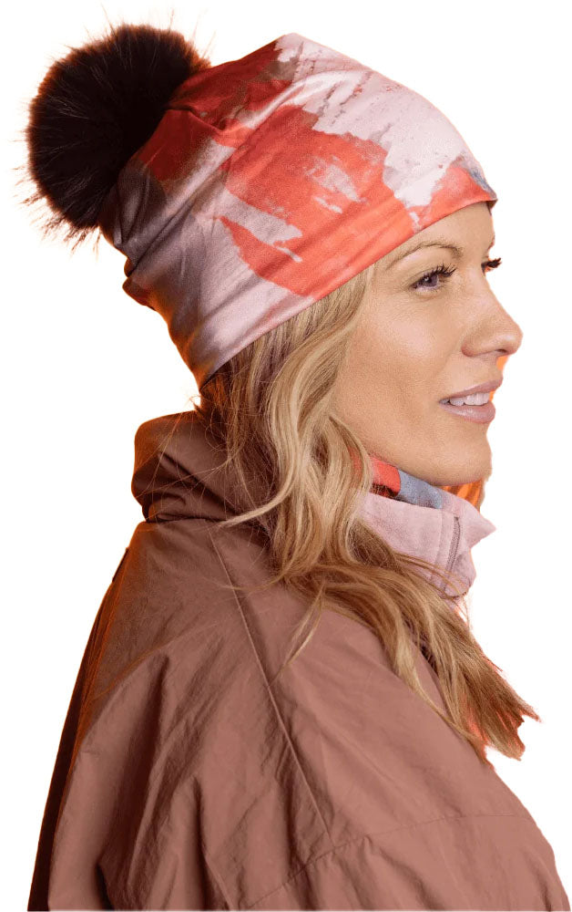Pink and Flames Beanie with Black Pompom - Women's 