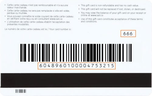 Scan of a gift card with two rectangles at the bottom that indicates where the numbers to redeem should be.